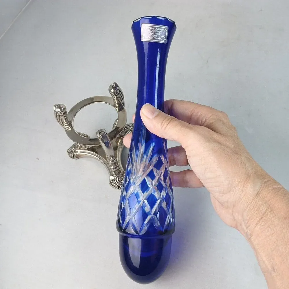 Set‎ of 2 Godinger Crystal Legends Cobalt Cut Clear Bud Vases Silver Plated Base